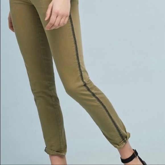 Anthropologie Moss Green Embroidered Side Stripe Straight Leg Ankle Chino Pants - Picture 8 of 12